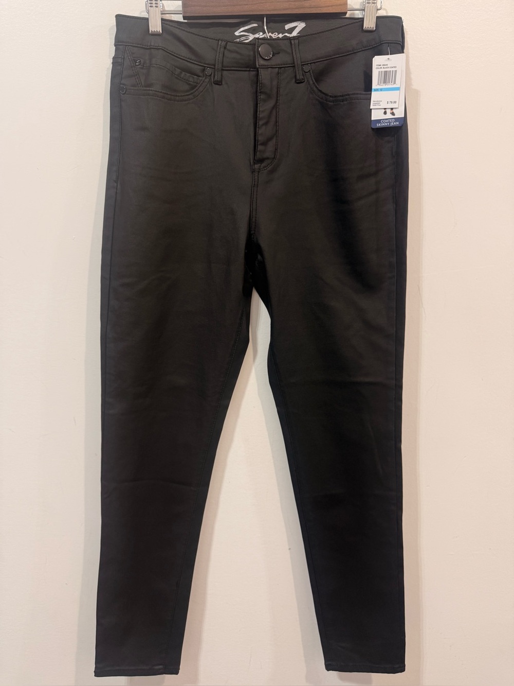 NWT 7 For All Mankind Ultra High Rise Black Coated Skinny Jeans Size 12